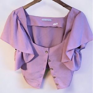 Active USA Cropped Ruffle Sleeve Button Up Dusty Pink Rose Crop Top Size Large